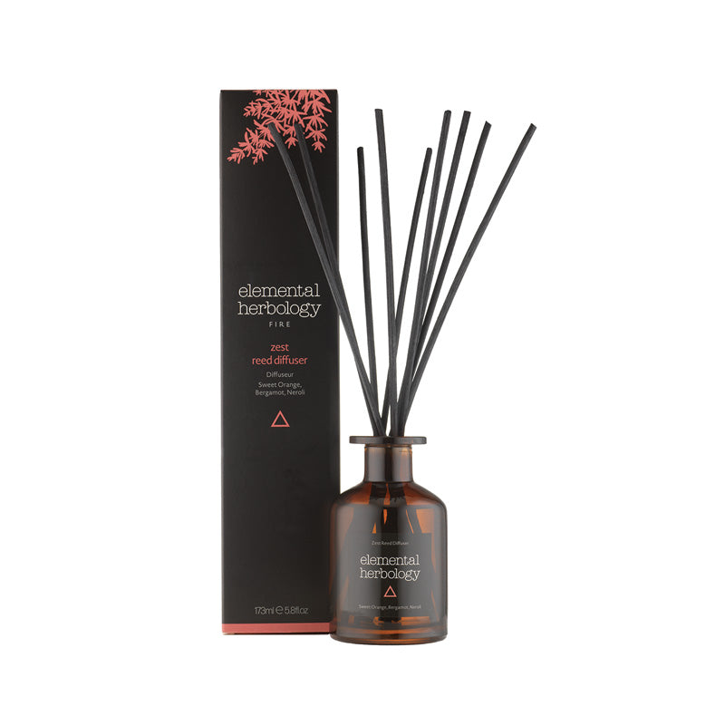Room fragrance reed diffuser with scents of sweet orange, bergamot, and neroli.